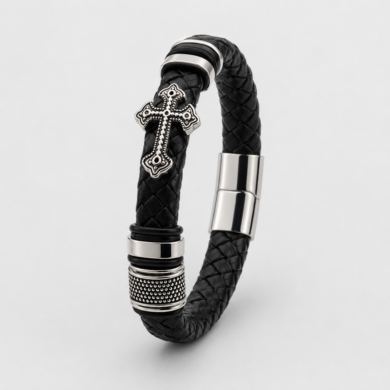 Midnight Cross Braided Leather Bracelet