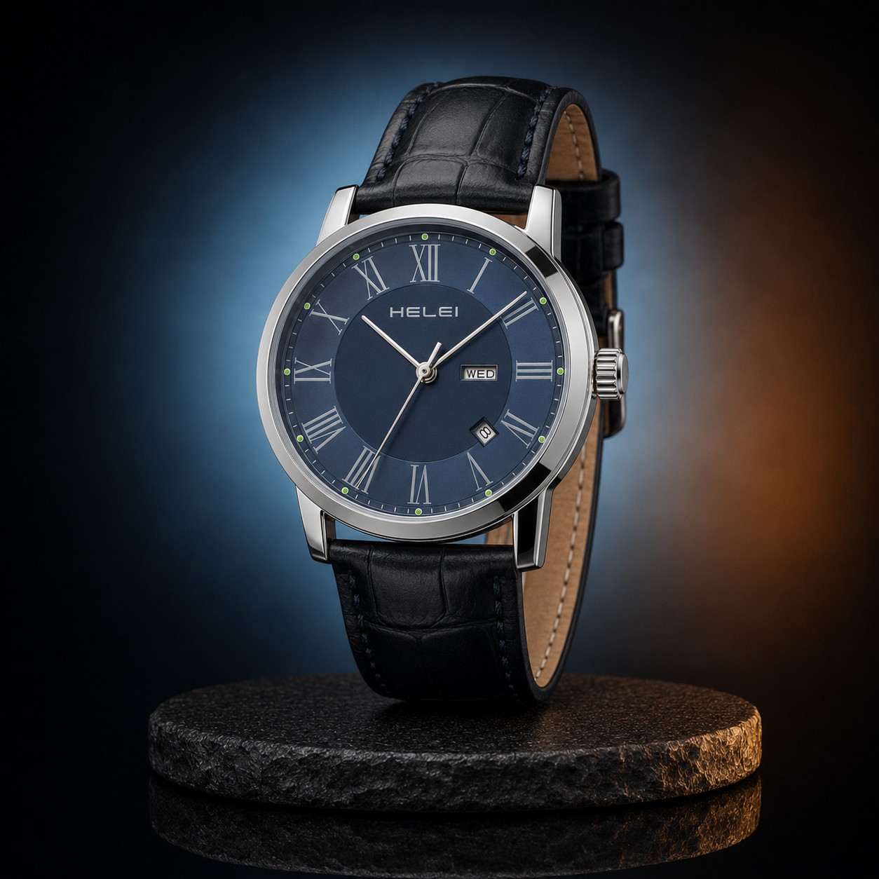 HELEI Men’s Slate Blue Roman Numeral Day-Date Watch