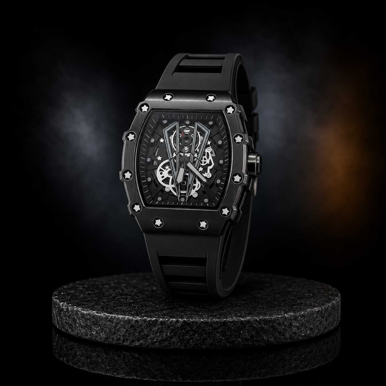Men’s Stealth Black Skeleton-Style Tonneau Watch