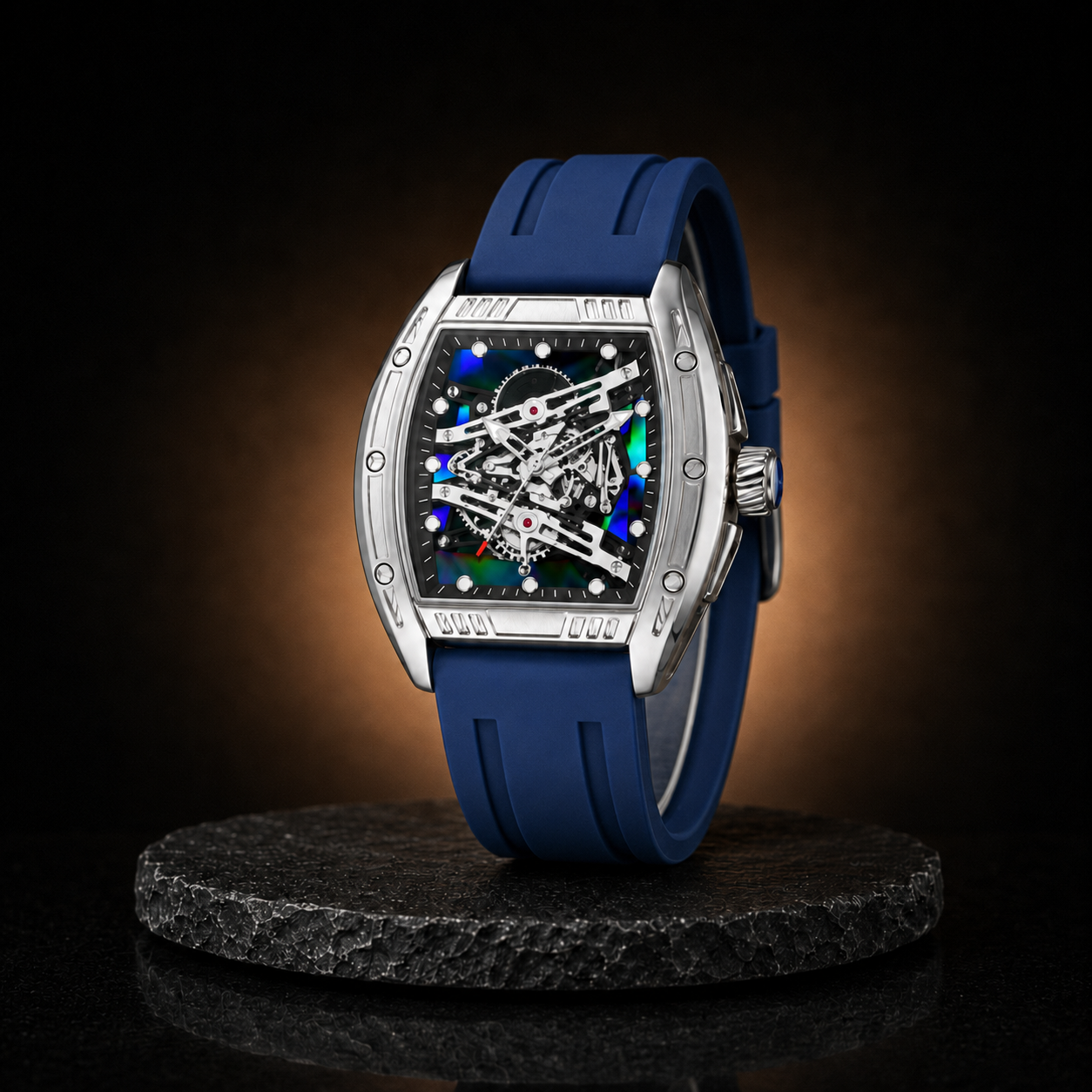 Men’s Iridescent Skeleton-Style Tonneau Watch