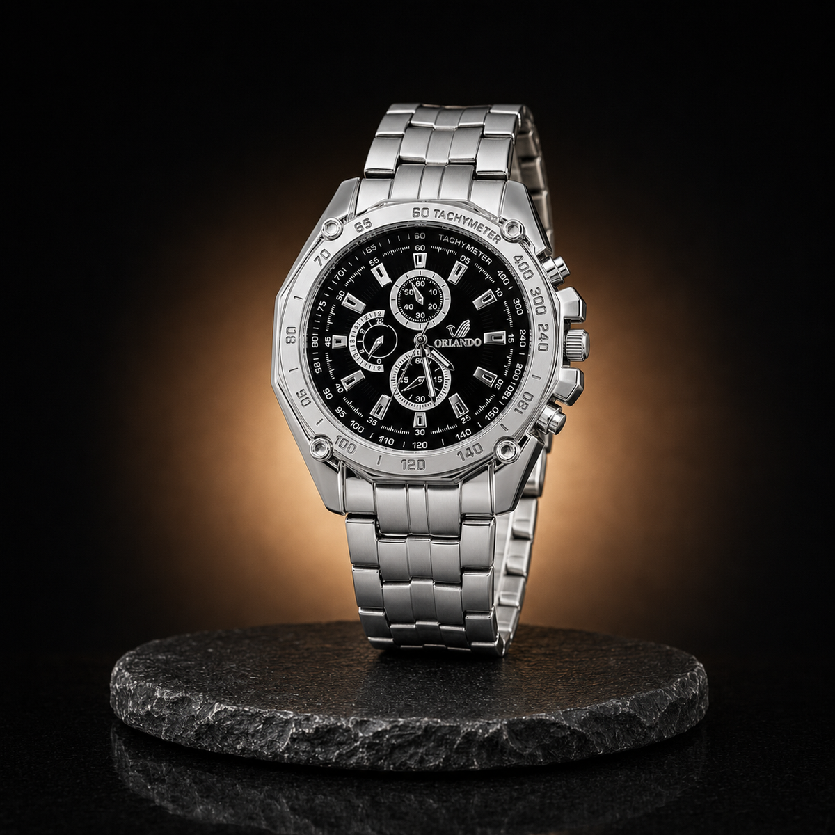 ORLANDO Men’s Silver Tachymeter Multifunction Quartz Watch — Black Dial