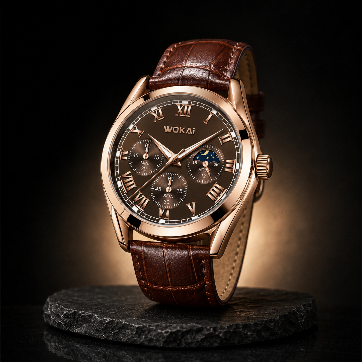 WOKAi Men’s Brown Leather Moonphase Watch