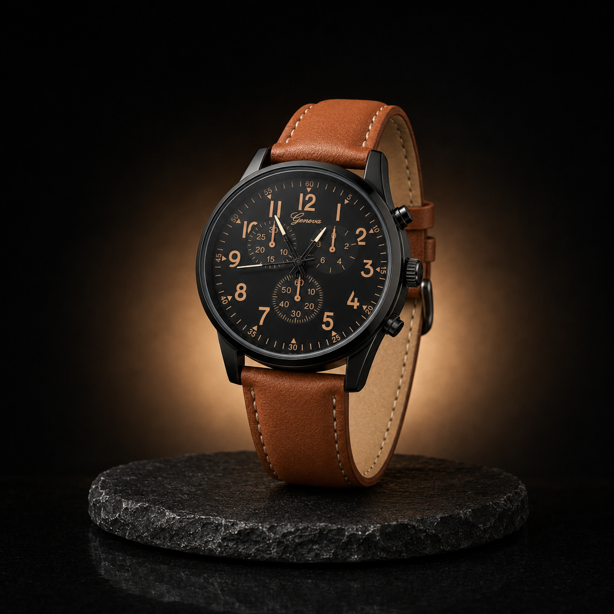 Geneva Men’s Black Dial Watch with Tan Leather Strap