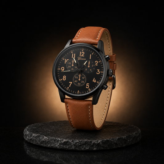 Geneva Men’s Black Dial Watch with Tan Leather Strap