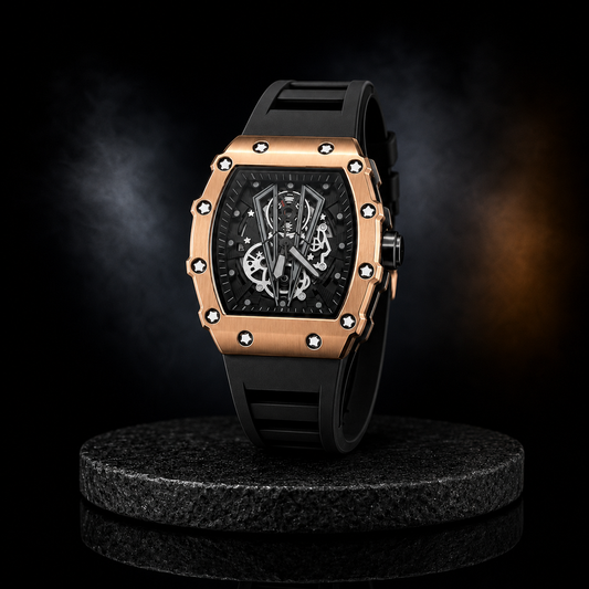 Men’s Rose-Gold Skeleton-Style Tonneau Watch
