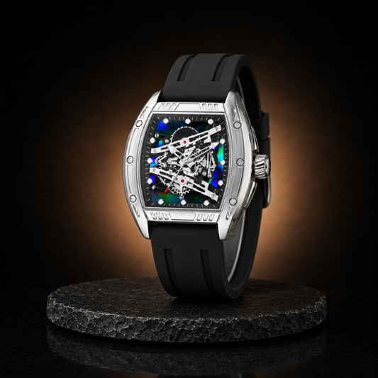 Men’s Iridescent Skeleton-Style Tonneau Watch - Black